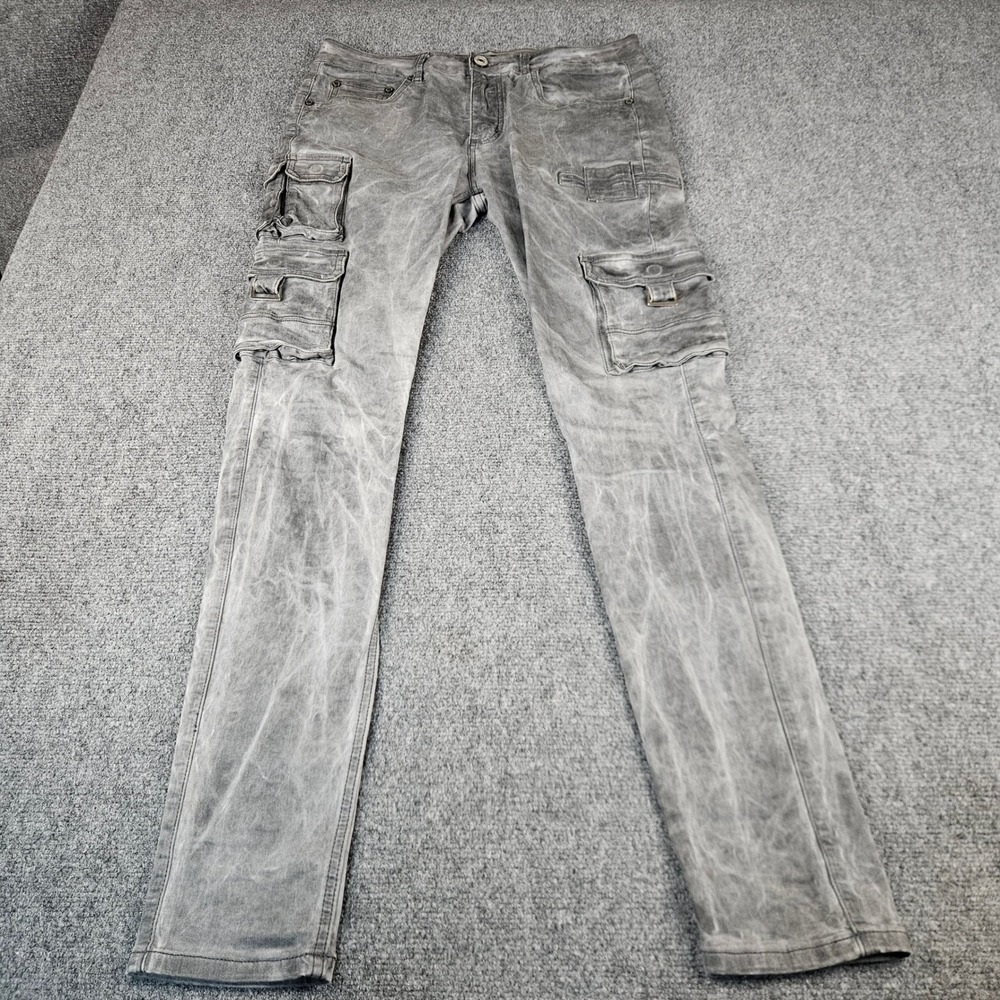 Serenede Fitted Denim Cargo Pants Mens 32 Grey Washed SlimFit Streetwear Utility